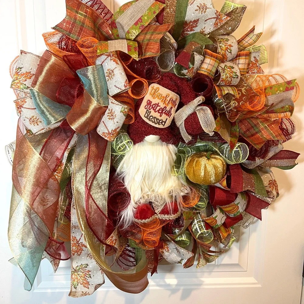 Autum Fall Ribbon Wreath Thankful Gnome Handmade 22 in’s. #W3